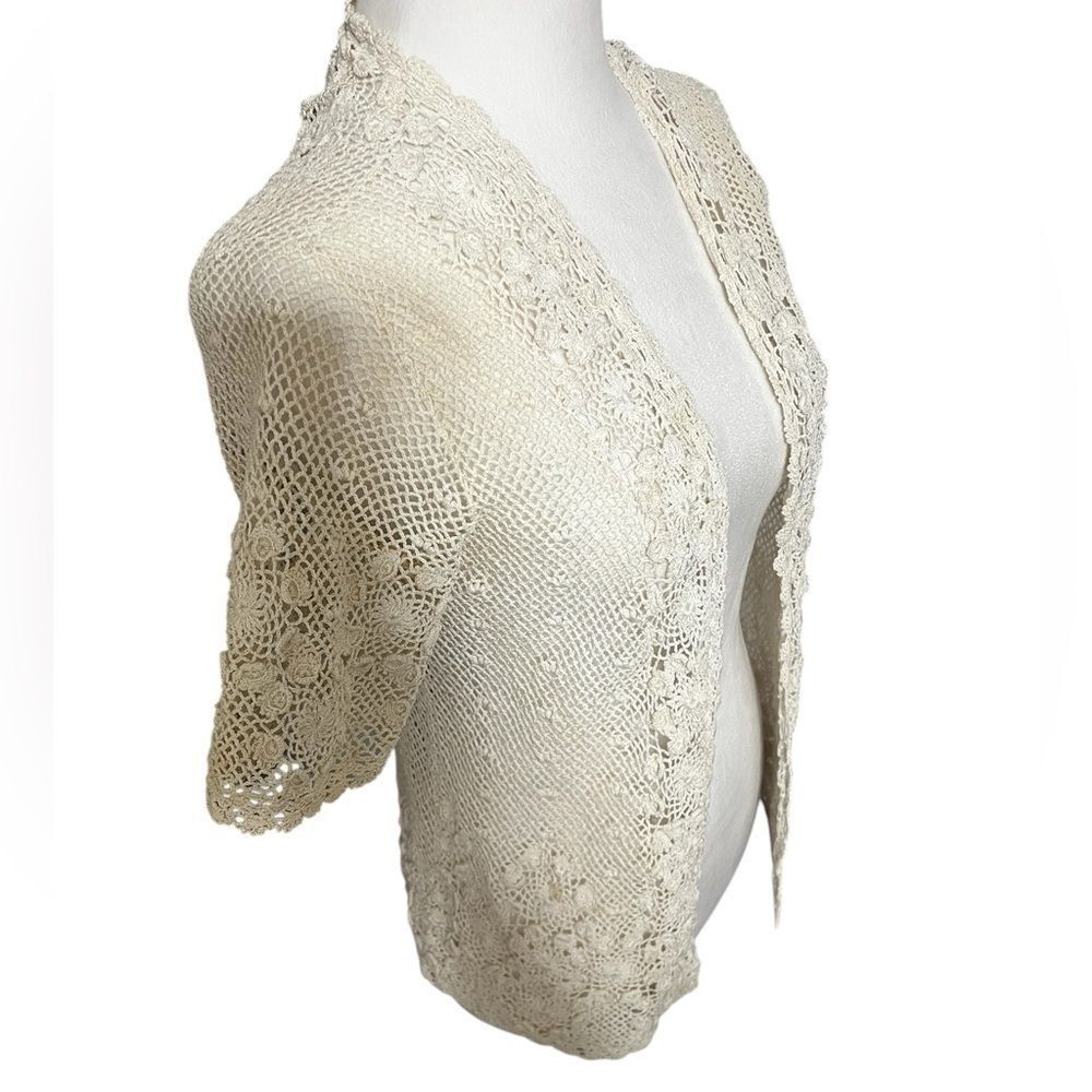 Vintage crochet sweater vest jacket cream large Japanese hand knit - Picture 7 of 11